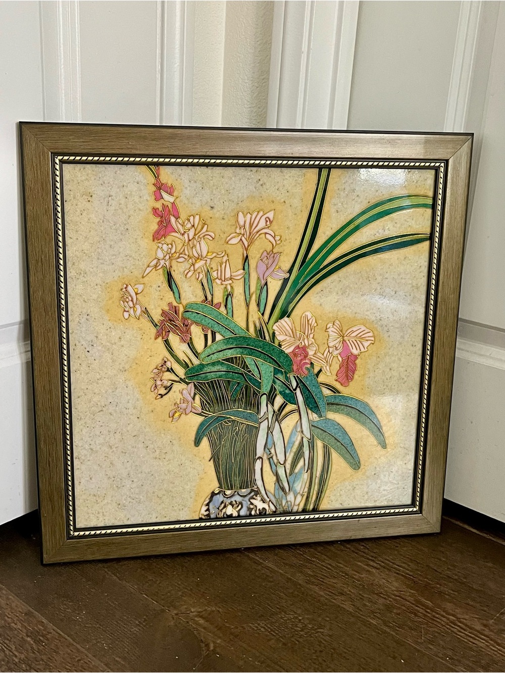 Vintage Contemporary Ceramic Tile Art Arrangement Of Orchids And Iris 18/19 Inch